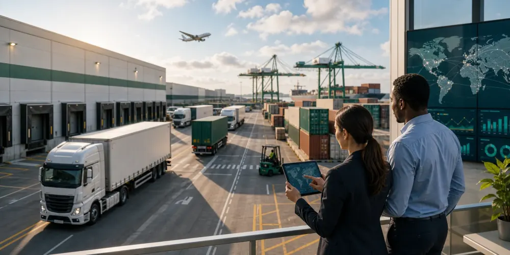 Distribution yard moving freight between warehouse and transport
