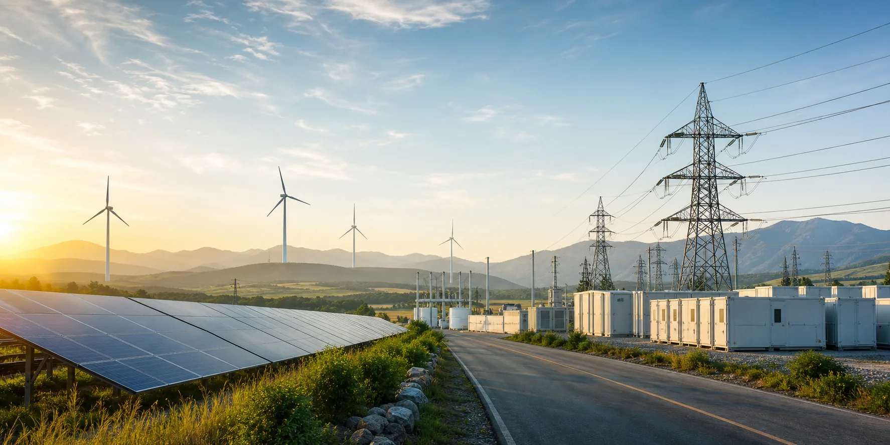 Renewable energy infrastructure with solar panels, wind turbines, and grid equipment