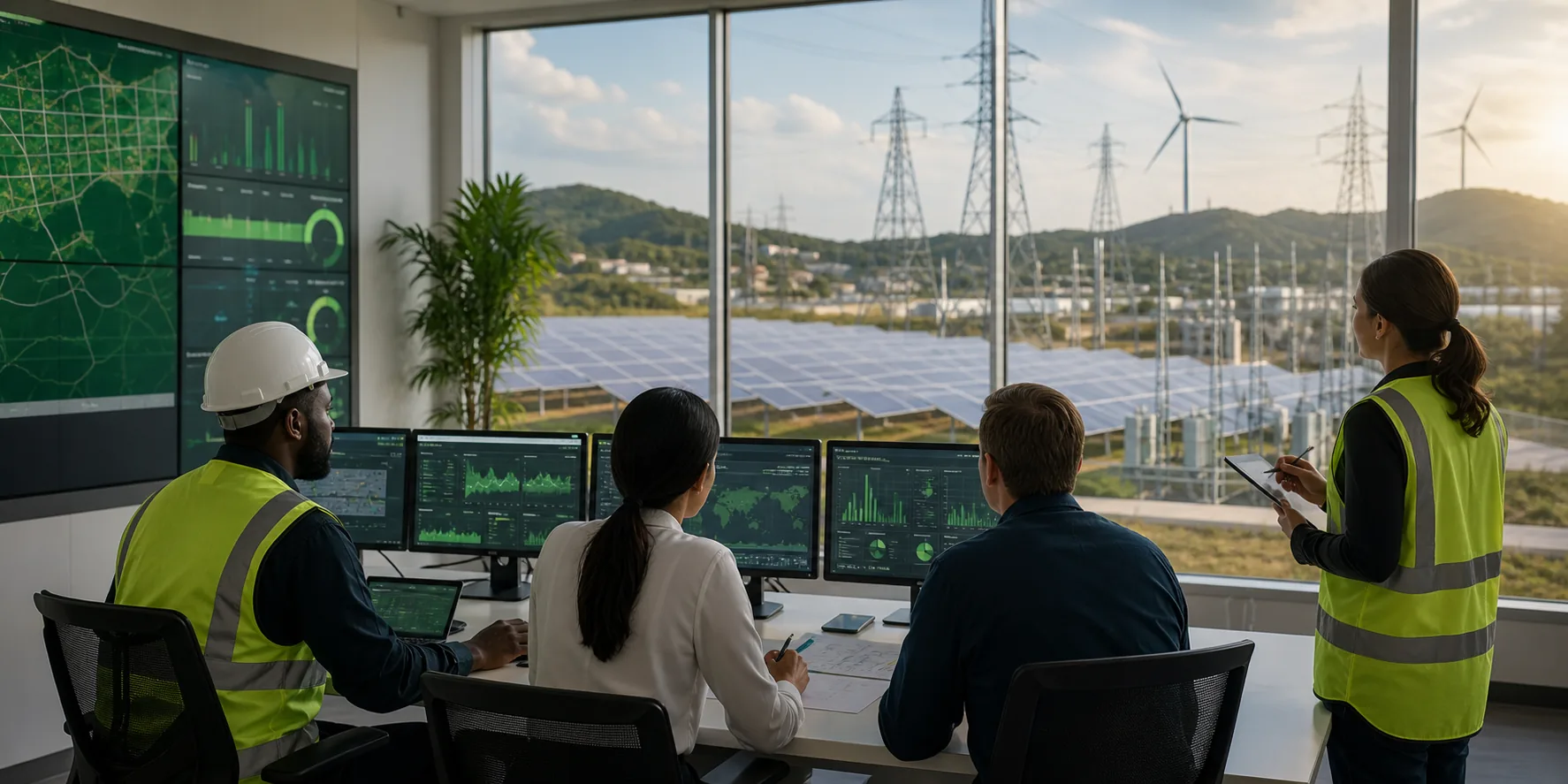 Energy operations planning room with dashboards and infrastructure monitoring