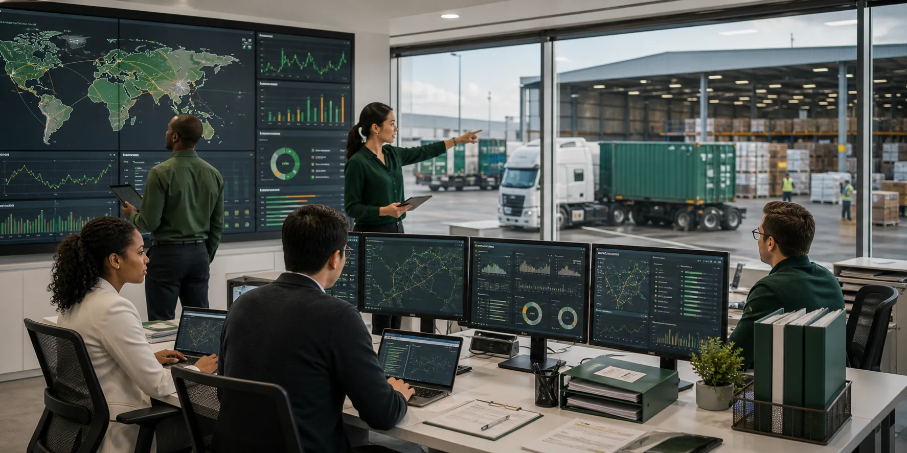 Logistics control tower with route dashboards, warehouse visibility, and trade coordination workflows