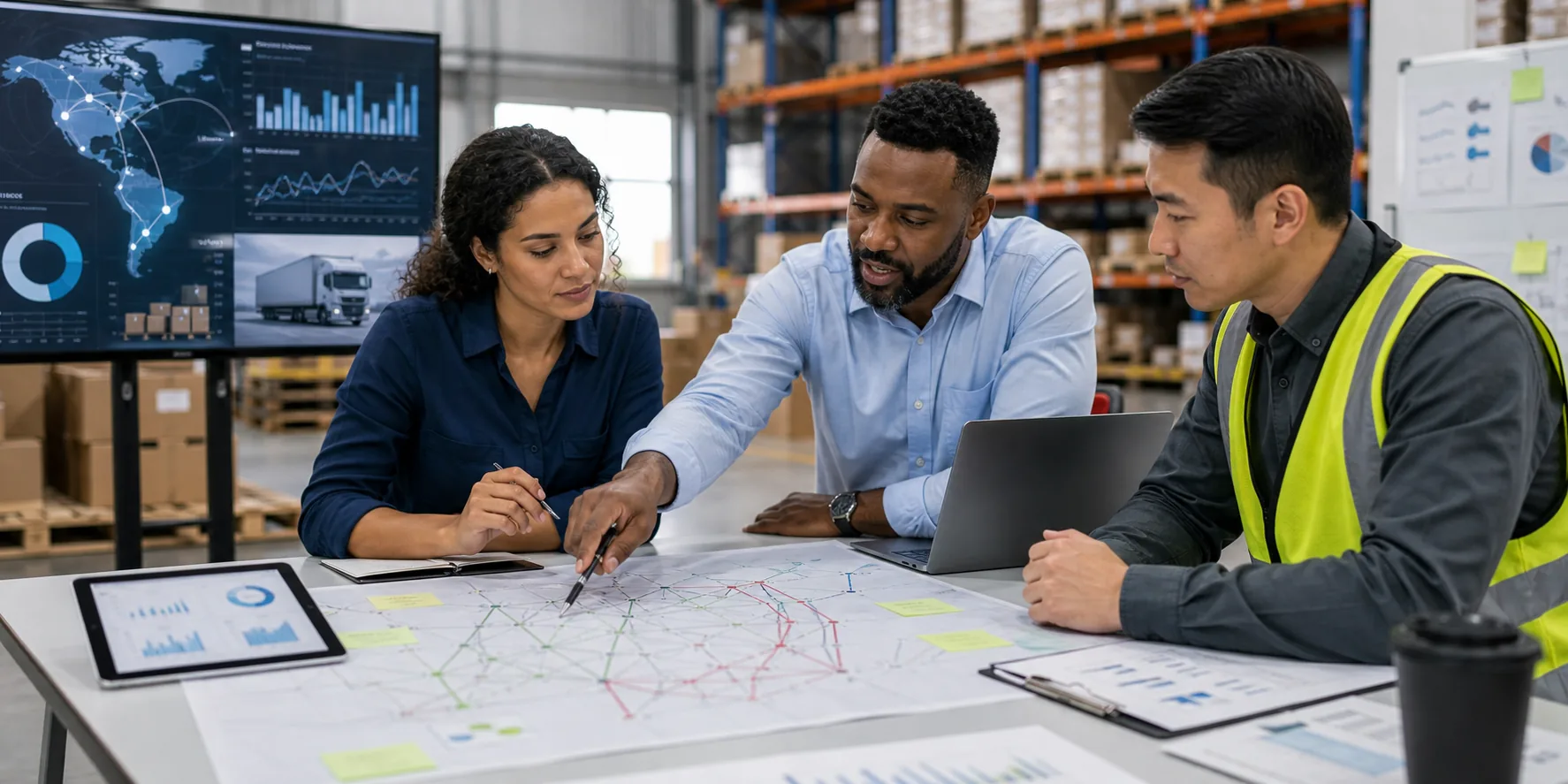 Supply chain leaders reviewing logistics network and fulfillment planning